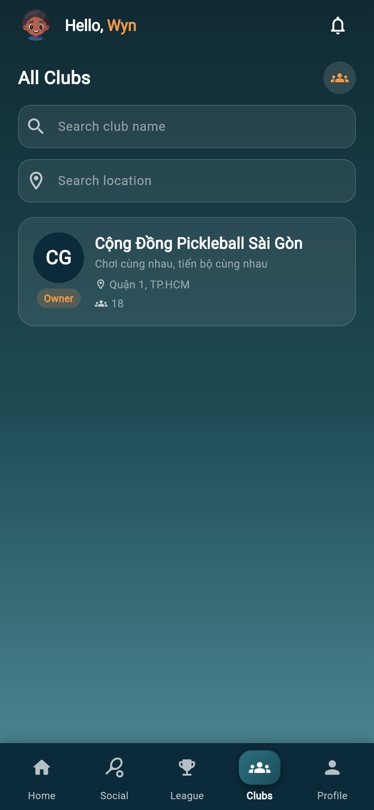 PickClub clubs screen for hosts to manage clubs and members