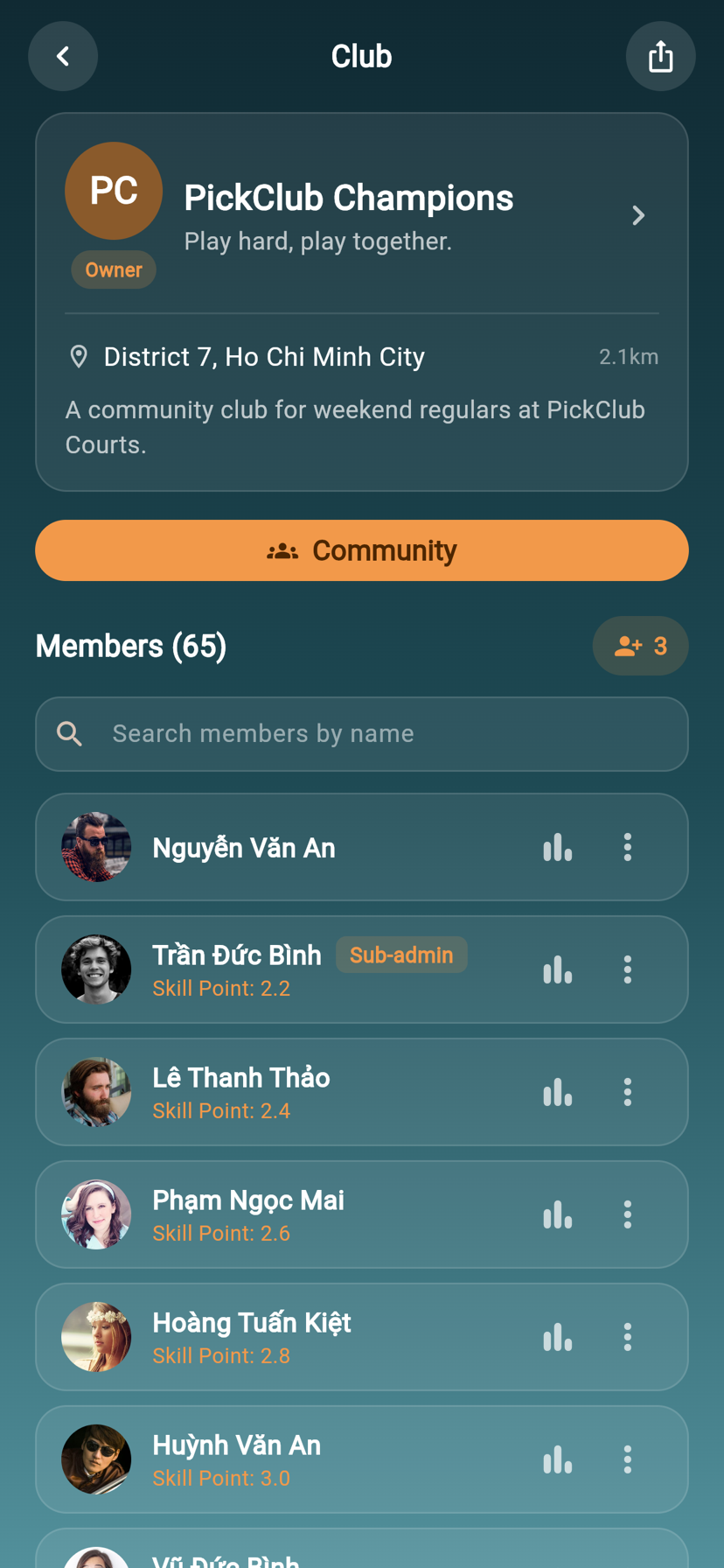 PickClub clubs screen for hosts to manage clubs and members