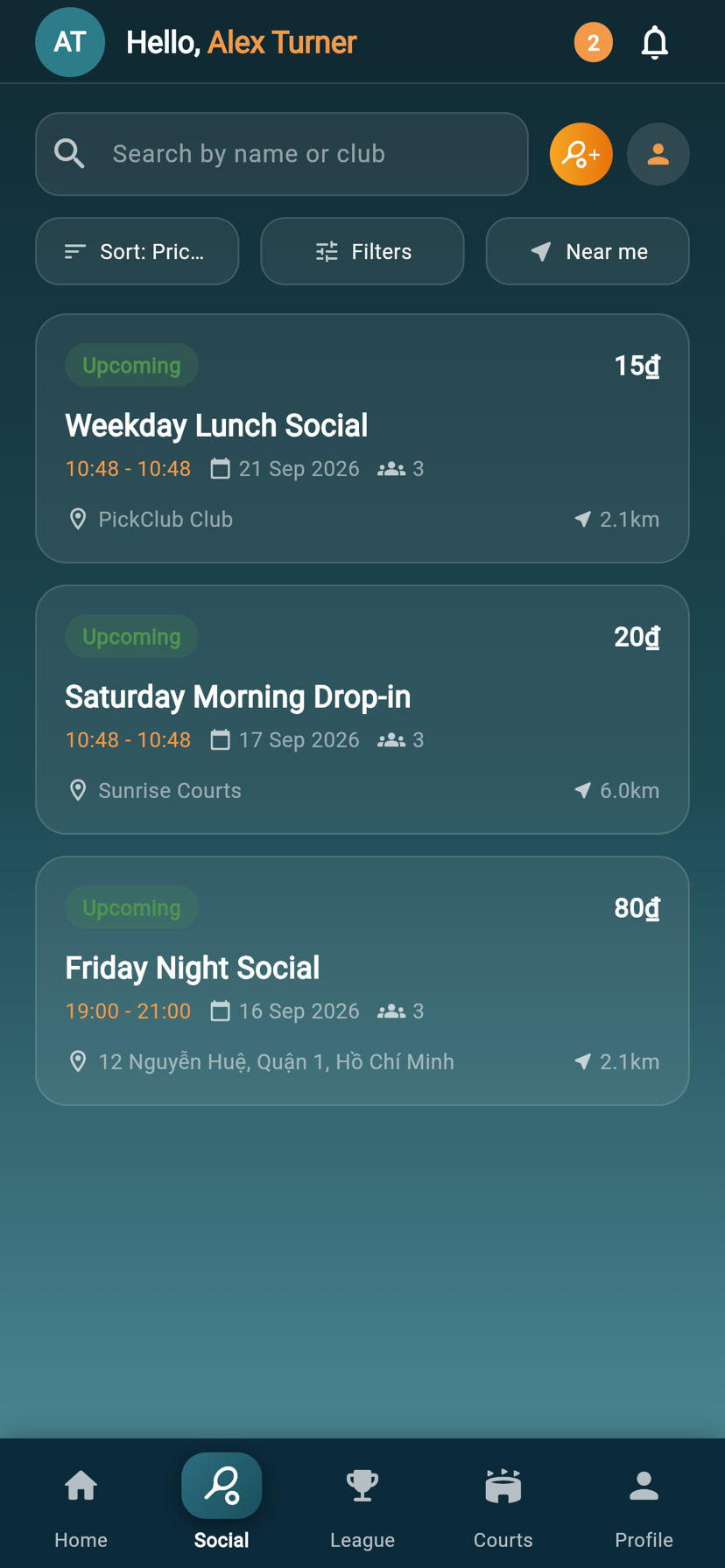 PickClub Socials screen