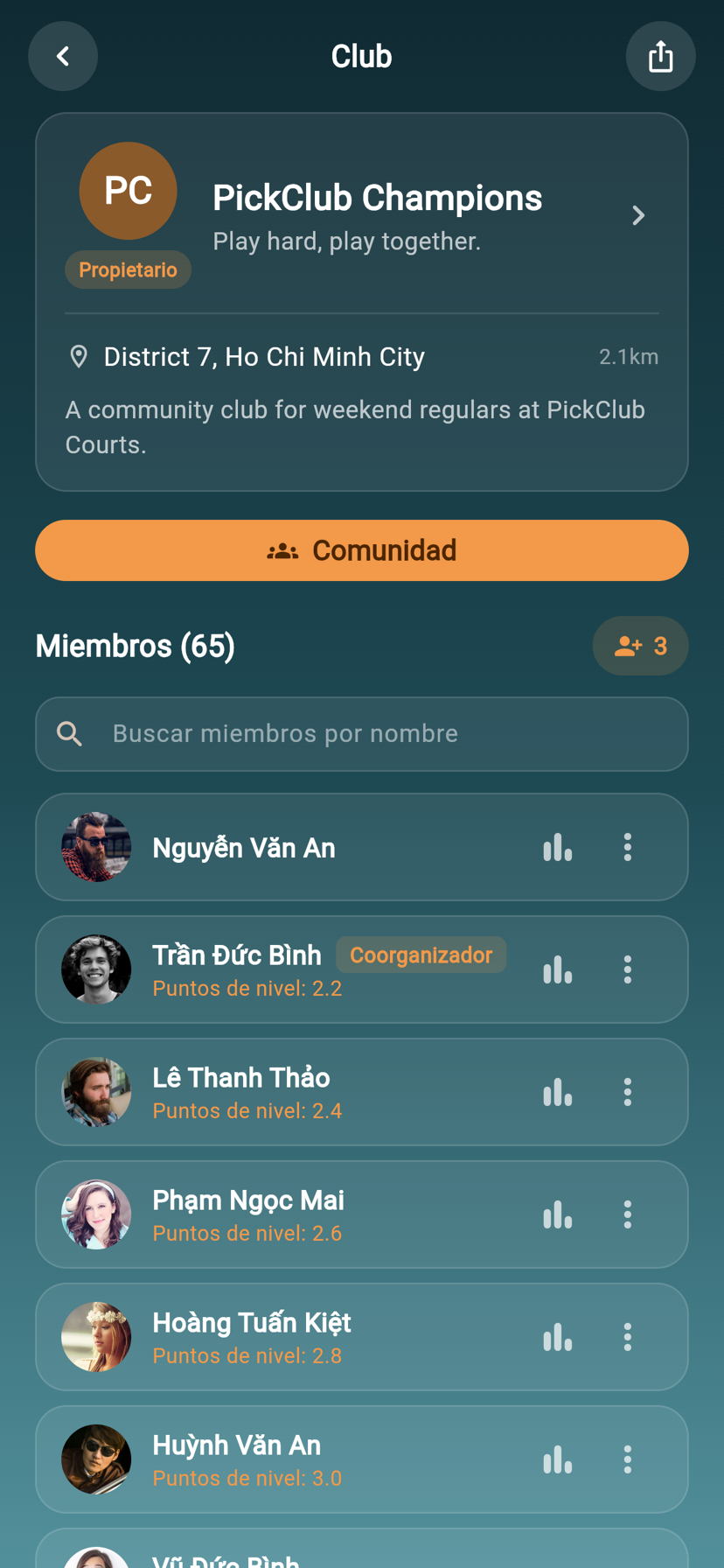 Pantalla de clubes de PickClub para que los organizadores gestionen clubes y miembros