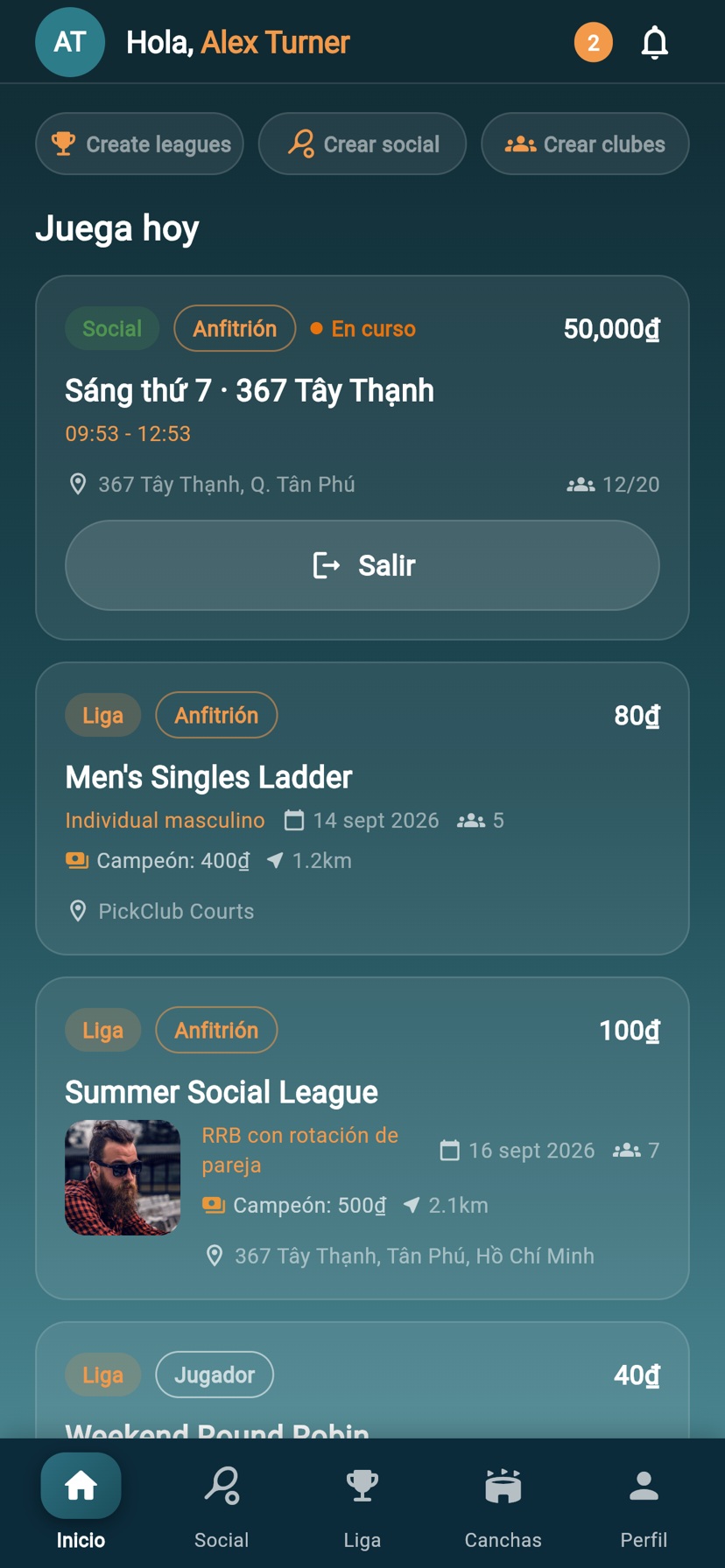 Pantalla de inicio de PickClub con las ligas y sociales a los que unirse hoy