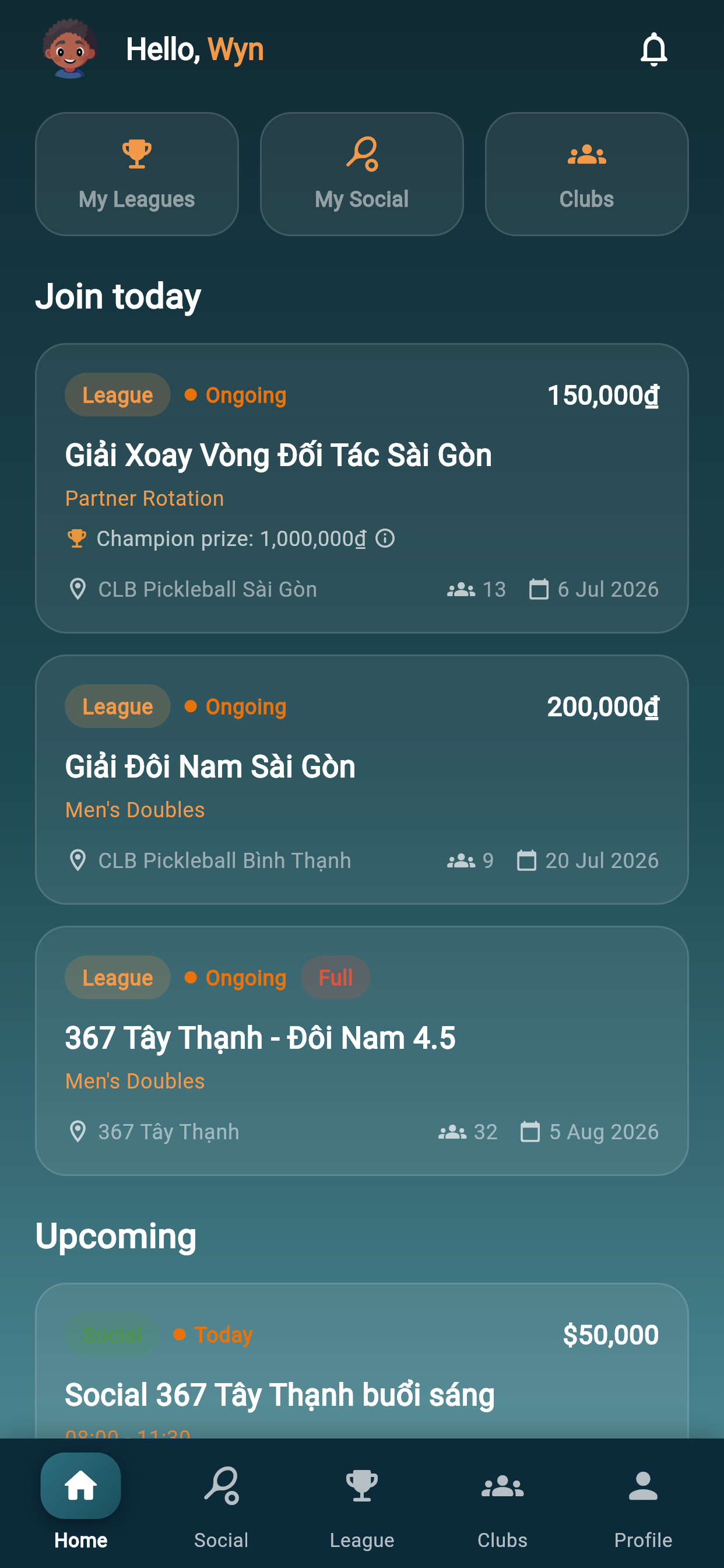 PickClub home screen showing today's leagues and socials to join