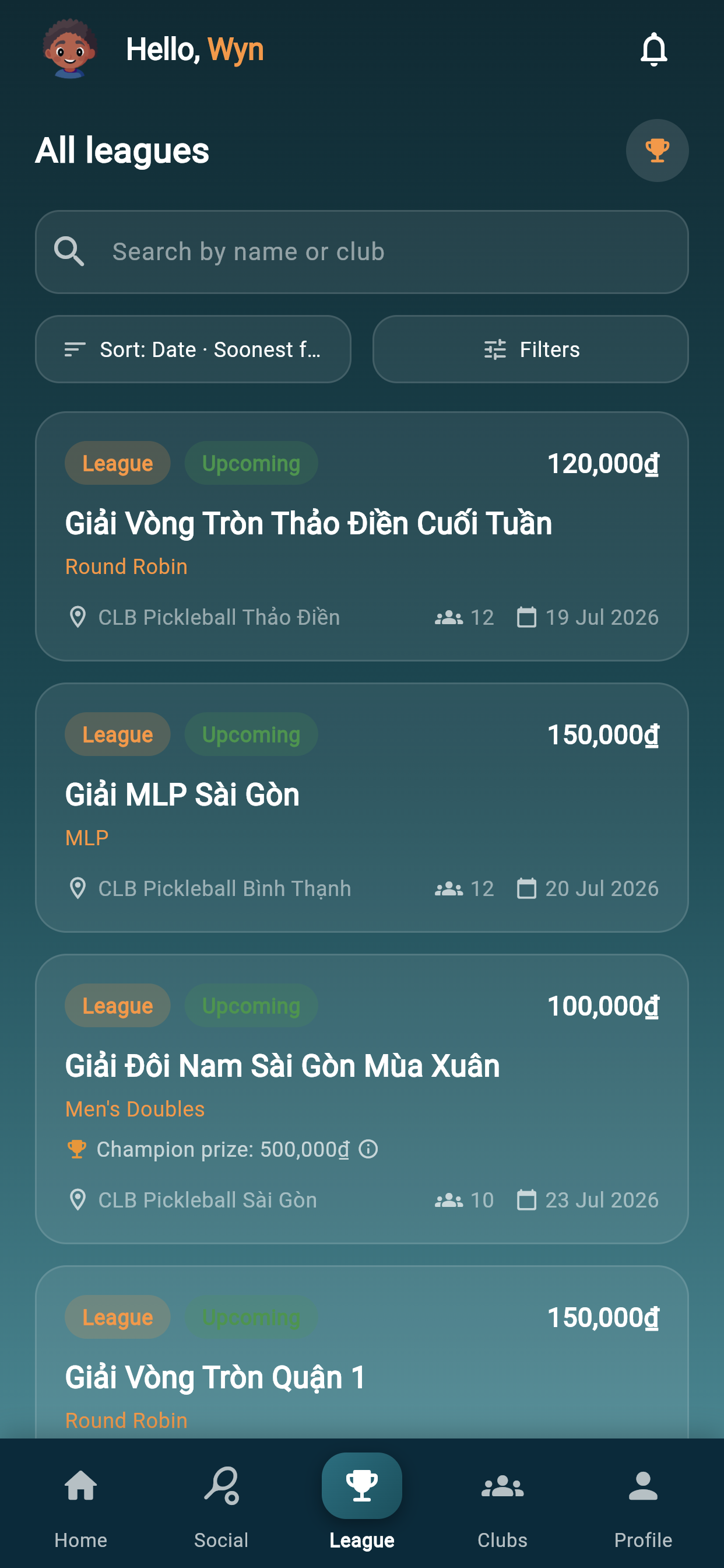 PickClub Leagues screen