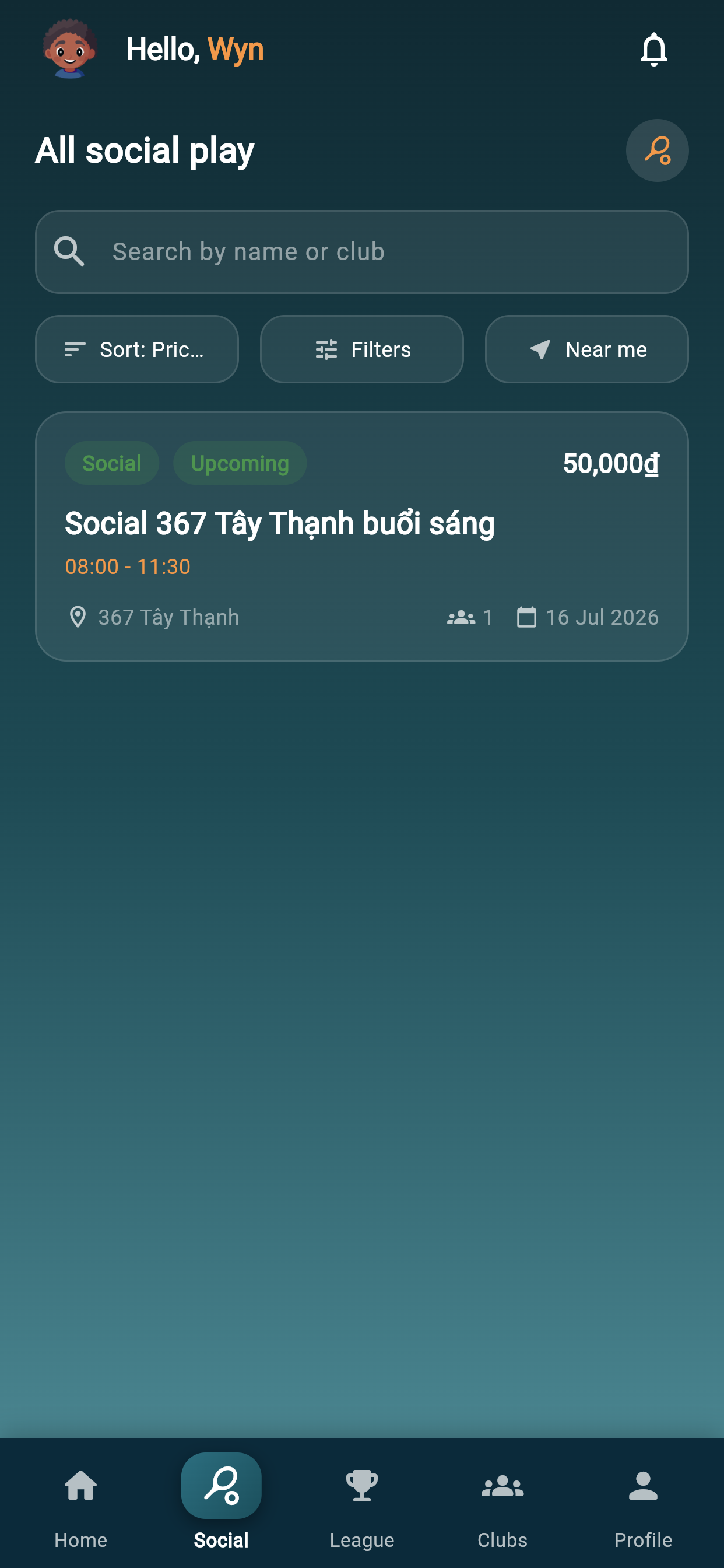 PickClub Socials screen