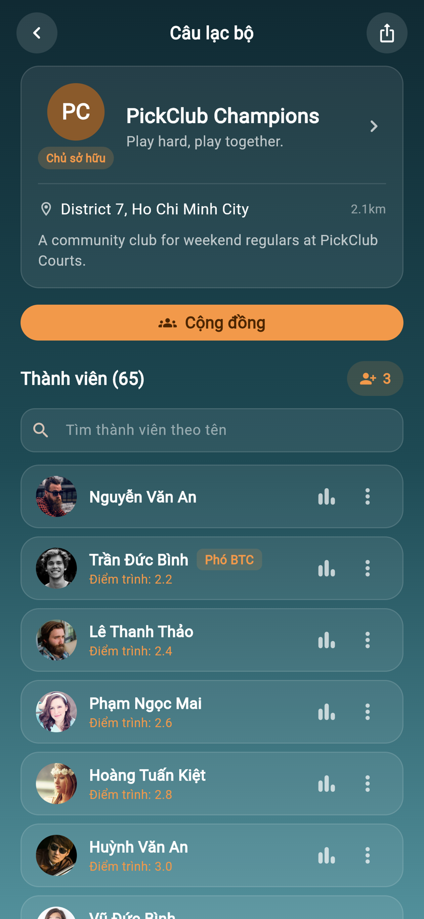 Màn hình câu lạc bộ PickClub để ban tổ chức quản lý CLB và thành viên