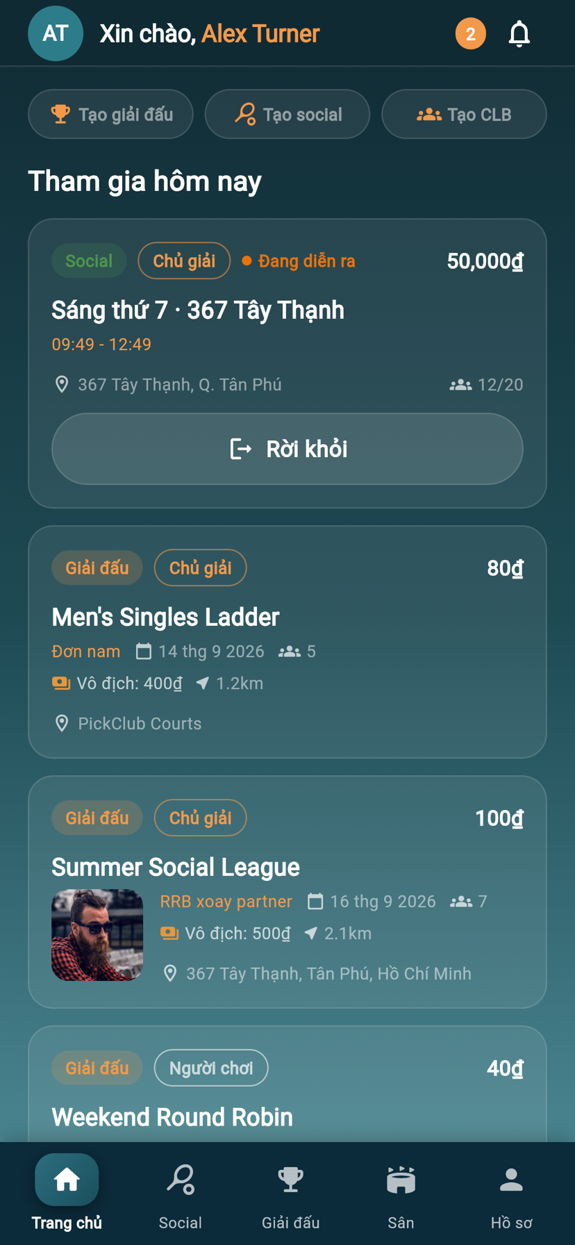 Màn hình chính PickClub hiển thị các giải đấu và buổi social có thể tham gia hôm nay