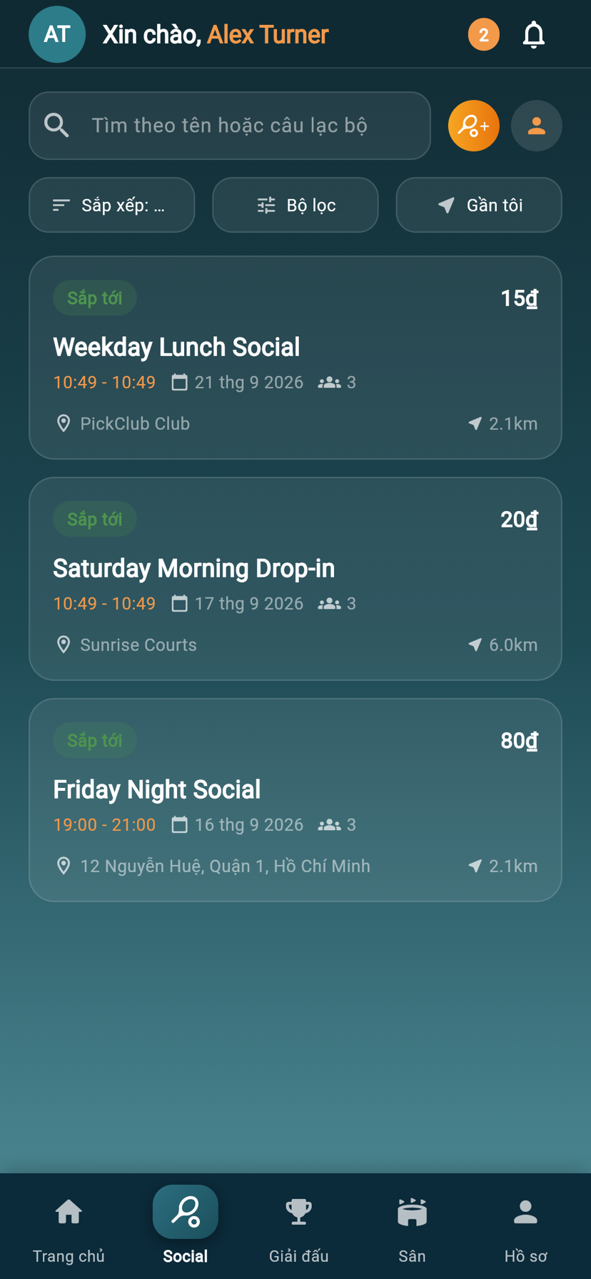 Màn hình Buổi social của PickClub